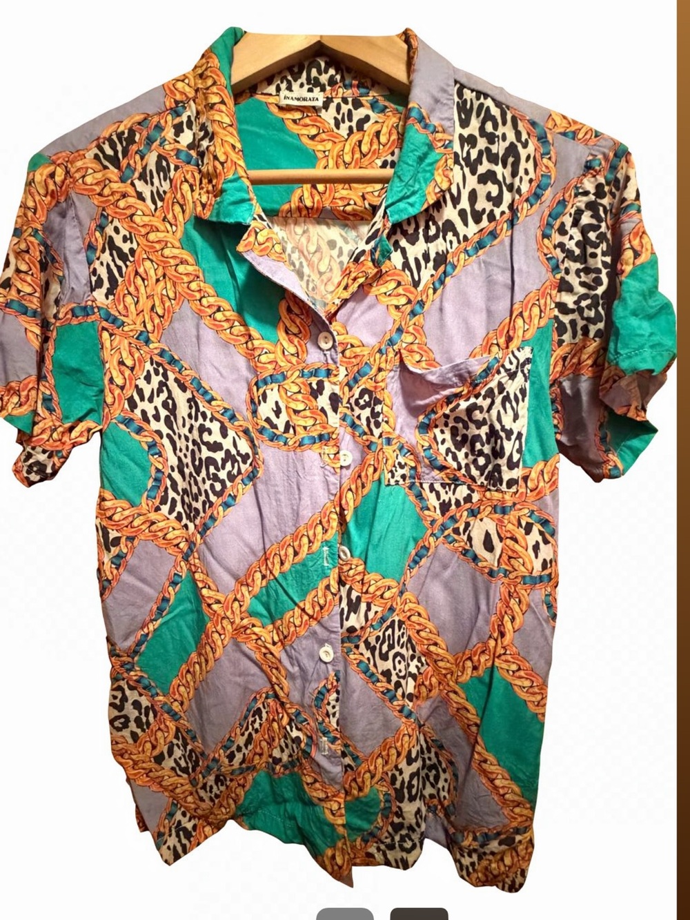 iNAMORATA Teal, Lavender & Gold Chain Print Button-Down Shirt